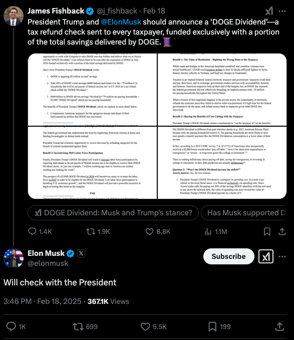 James Fishback and Elon Musk discuss DOGE dividends on X